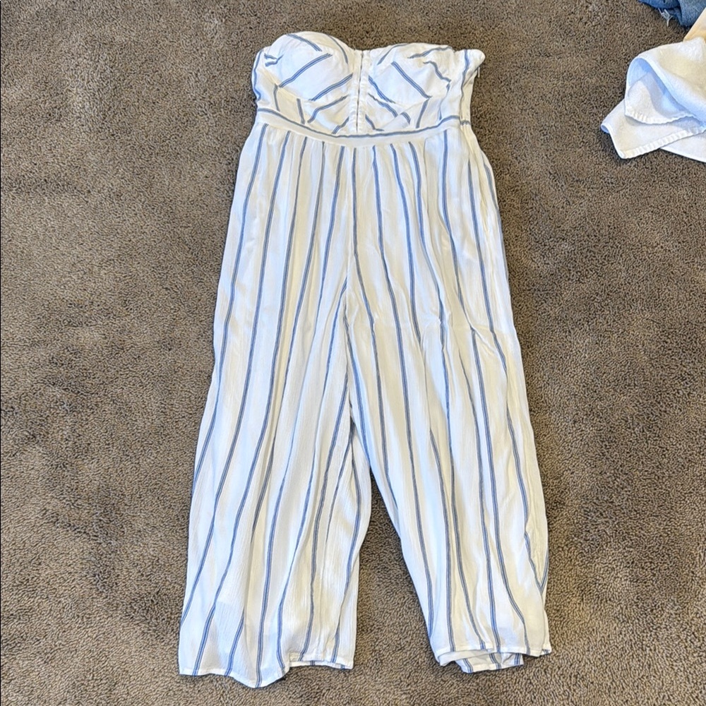 AE Blue Striped Linen Jumpsuit
